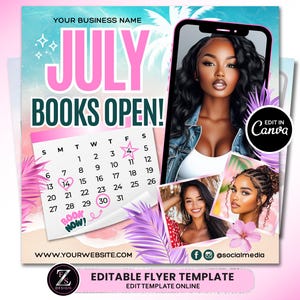 July Bookings Flyer, Summer Flyer, Book Now Flyer, July Appointment Flyer, Summer Season Beauty Hair Nails Braids Lashes Flyer