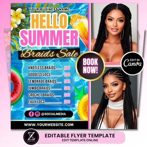 Summer Braid Sale Flyer, Summer Sale Flyer, Braid Prices Flyer, Braids Sale Flyer, Hair Flyer, Lashes Flyer, Braids Special Flyer Template