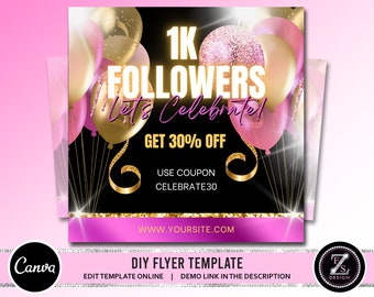 Followers Celebration Flyer, DIY 1K Followers Instagram Social Media Hair Lashes Beauty Boutique Editable Canva Template