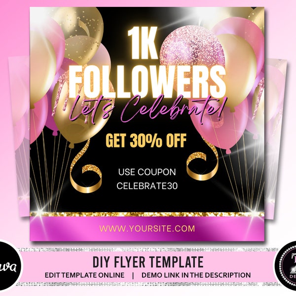 Followers Celebration Flyer, DIY 1K Followers Instagram Social Media Hair Lashes Beauty Boutique Editable Canva Template