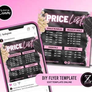 May include: A digital flyer template for hair extensions displayed on a smartphone screen and as a printed card. The design features a black background with pink accents, listing prices for single bundles, bundle deals, frontals, and closures.