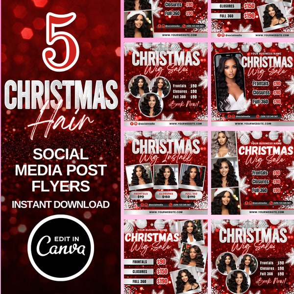 5 Christmas Wig Sale Flyers, Wig Prices Flyer, Hair Flyer, Wig Sale Flyer, Christmas Sale Flyer, Hair Sale Price, Wig Flyer Template