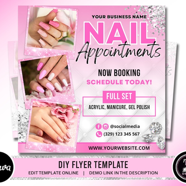 Nail Appointments Flyer, DIY Nails Book Now Available, Nail Flyer, Instagram Flyer, Beauty Nails Boutique Stylist Editable Canva Template