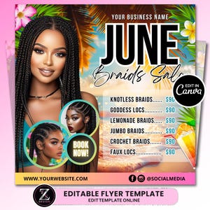 June Braid Sale Flyer, June Flyer, Braid Prices Flyer, Braids Sale Flyer, Hair Flyer, Lashes Flyer, Braids Special Flyer Template