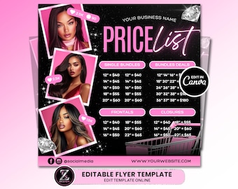 Hair Price List Flyer, DIY Wig Flyer, Hair Bundles Flyer, Wig Install Flyer, Hair Booking Flyer, Beauty Flyer Template