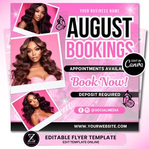 August Bookings Flyer, Book Now Flyer, August Appointment Flyer, DIY August Sale Flyer, Back to School Beauty Hair Nails Braids Lashes Flyer