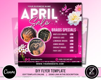 April Braid Sale Flyer, April Flyer, Braid Preise Flyer, Braids Sale Flyer, Haar Flyer, Wimpern Flyer, Braids Special Flyer Vorlage