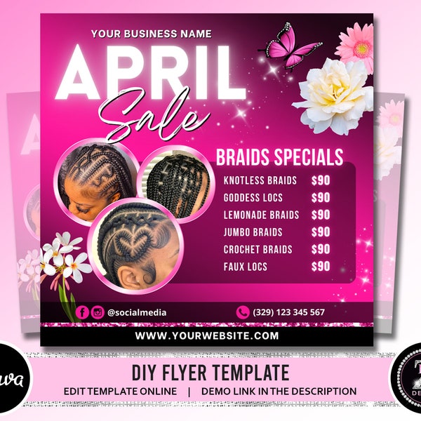 April Braid Sale Flyer, April Flyer, Braid Prices Flyer, Braids Sale Flyer, Hair Flyer, Lashes Flyer, Braids Special Flyer Template