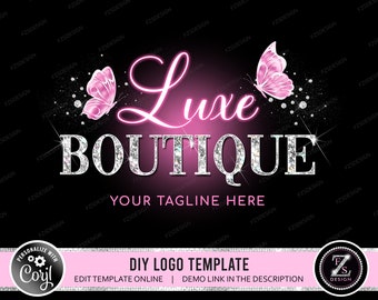 Boutique-Logo, Beauty-Logo, Mode-Logo, Schmetterlings-Logo, Online-Shop-Logo, Shopping-Logo, DIY-Logo-Design-Vorlage, rosa Neon-Logo