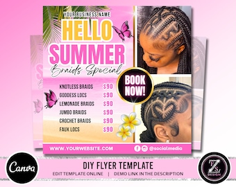 Summer Braid Sale Flyer, Summer Sale Flyer, Braid Prices Flyer, Braids Sale Flyer, Hair Flyer, Lashes Flyer, Braids Special Flyer Template