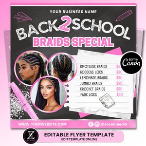 Back to School Sale Flyer, Braid Prices Flyer, Braids Sale Flyer, Back 2 School Flyer, Lashes, Hair Flyer, Braids Special Flyer Template