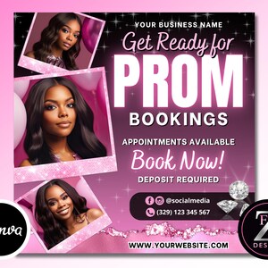 Pode incluir: Gr&aacute;fico rosa e preto com detalhes de glitter que promove as reservas para o baile de formatura. O texto diz "Get Ready for Prom Bookings" com informa&ccedil;&otilde;es de contato e o endere&ccedil;o do site.