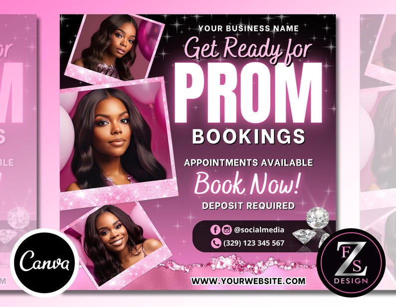 Pode incluir: Gr&aacute;fico rosa e preto com detalhes de glitter que promove as reservas para o baile de formatura. O texto diz "Get Ready for Prom Bookings" com informa&ccedil;&otilde;es de contato e o endere&ccedil;o do site.