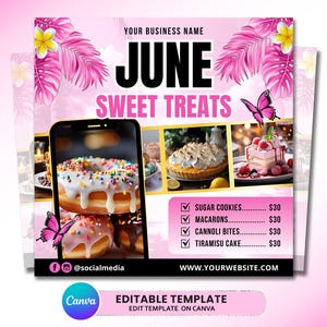 Folleto de panadería de junio, folleto de venta de pasteles, folleto de dulces, folleto de verano, folleto de postres de junio, folleto de pastelería