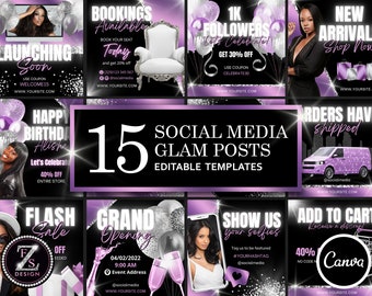 15 Social Media Posts Templates, Hair Flyer Template, Beauty Flyer, Boutique Flyer Template, Purple Flyer, Instagram Flyer Template