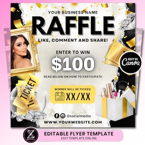 Raffle Flyer, DIY Giveaway Flyer, Raffle Ticket Flyer, Prize Flyer, Contest Flyer, Beauty Flyer, Hair Lashes Boutique Canva Flyer Template