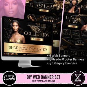DIY Web Banners Set, 15 Website Banners Beauty Artist Hair Nails Boutique, Gold and Black Web Banners, Shopify Web Canva Templates
