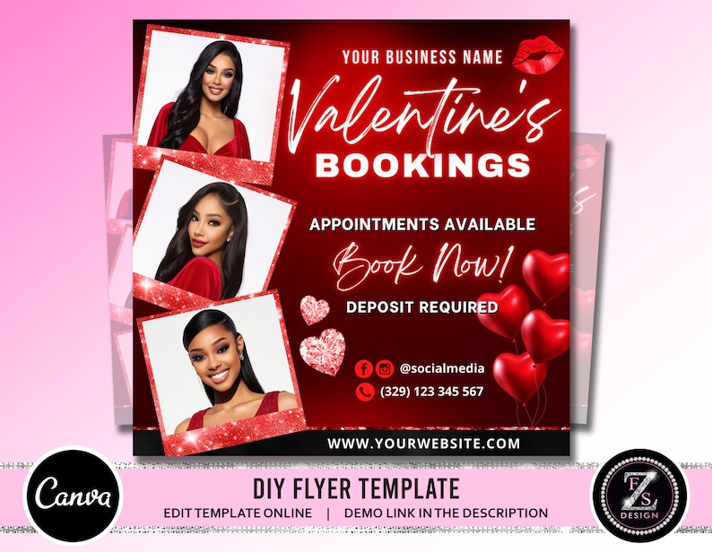 Valentines Day Book Now Flyer, Booking Flyer, Valentines Day Appointment Flyer, DIY February Flyer, Beauty Hair Nails Boutique Flyer image 1