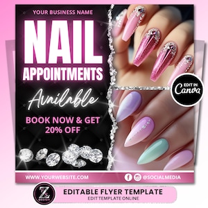 Nail Appointments Flyer, DIY Flyer Book Now Available Social Media Instagram Beauty Nails Boutique Stylist Editable Canva Template