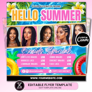 Summer Braid Sale Flyer, Summer Braid Sale Flyer, Braid Preise Flyer, Braids Sale Flyer, Hair Flyer, Lashes Flyer, Braids Special Flyer Template