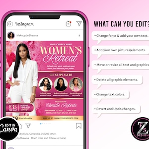 May include: A pink Instagram post promoting a Women's Retreat. The post features a woman in a white suit, event details, and the text "Women's Retreat." The post includes guest speakers and the text "Edit in Canva."