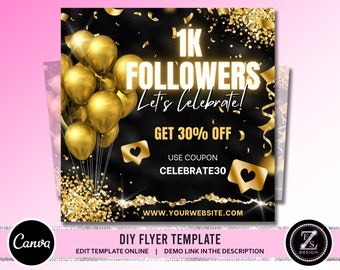 Folleto de celebración de seguidores, DIY 1K seguidores Instagram Redes sociales Pestañas para el cabello Boutique de belleza Plantilla Canva editable