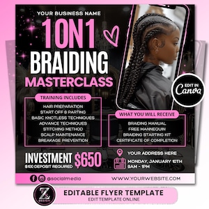 Könnte beinhalten: Rosa-schwarzer Flyer, der eine 1:1-Flecht-Masterclass bewirbt. Der Flyer zeigt eine Person mit geflochtenem Haar, Schulungsdetails und was die Teilnehmer erhalten. Die Investition beträgt 650 $.