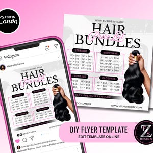 Pode incluir: Um smartphone rosa exibe uma lista de pre&ccedil;os de pacotes de cabelo, com um folheto correspondente ao fundo. O folheto e a tela do telefone apresentam o texto "Hair Bundles" e os pre&ccedil;os para v&aacute;rios comprimentos e estilos de cabelo. Um pacote de cabelo preto &eacute; segurado.