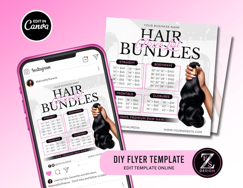 Pode incluir: Um smartphone rosa exibe uma lista de pre&ccedil;os de pacotes de cabelo, com um folheto correspondente ao fundo. O folheto e a tela do telefone apresentam o texto "Hair Bundles" e os pre&ccedil;os para v&aacute;rios comprimentos e estilos de cabelo. Um pacote de cabelo preto &eacute; segurado.