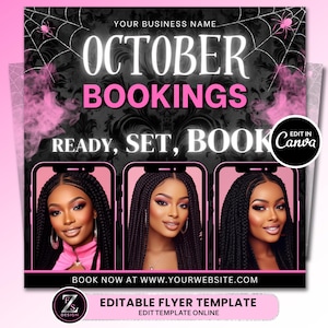 October Bookings Flyer, Book Now Flyer, October Appointment Flyer, October Sale Flyer, Halloween Beauty Hair Braids Nails Boutique Flyer