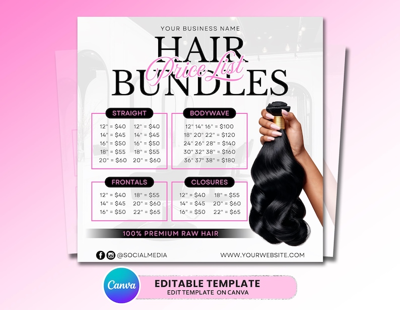 Pode incluir: Modelo de lista de pre&ccedil;os de feixes de cabelo com texto incluindo "Straight", "Bodywave", "Frontals" e "Closures". A imagem mostra uma m&atilde;o segurando um feixe de cabelo preto. O modelo inclui pre&ccedil;os para diferentes comprimentos de cabelo.