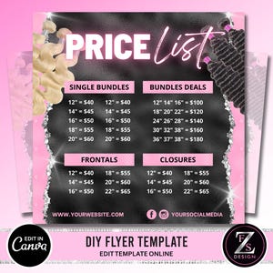 Hair Price List Flyer, DIY Wig Flyer Braids Pricing List Social Media Instagram Book Now Beauty Hair Boutique Editable Canva Template
