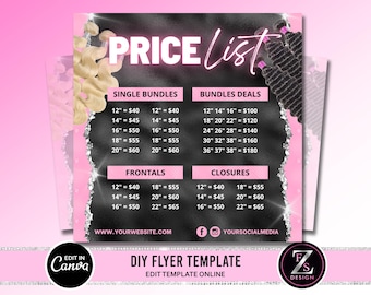 Hair Price List Flyer, DIY Wig Flyer Braids Pricing List Social Media Instagram Book Now Beauty Hair Boutique Editable Canva Template