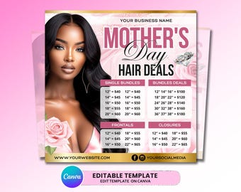 Mothers Day Hair Flyer, Hair Price List Template, May Wig Deals Flyer, Mothers Day Flyer Template