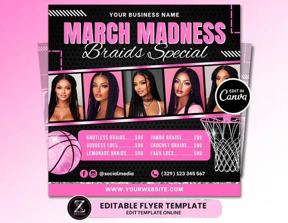 March Madness Braids Flyer, March Flyer, Braids Price List Flyer, Braids Sale Flyer, Hair Flyer, Braids Special Flyer Template