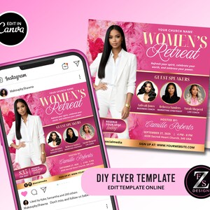 May include: A pink and gold flyer template for a Women's Retreat, featuring a photo of a woman in a white suit. The flyer includes guest speakers, event details, and the text "Edit in Canva."