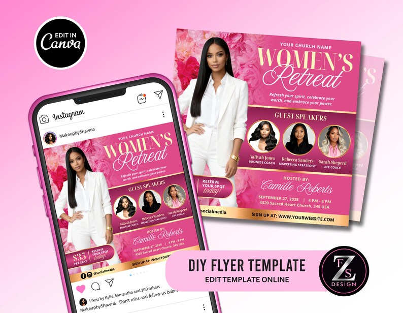 May include: A pink and gold flyer template for a Women's Retreat, featuring a photo of a woman in a white suit. The flyer includes guest speakers, event details, and the text "Edit in Canva."