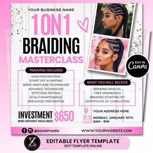 Braiding Masterclass Flyer, Braiding Training Flyer, Braid Course Flyer, Hair Masterclass Flyer, 1 on 1 Braiding Class Flyer, Hair Flyer