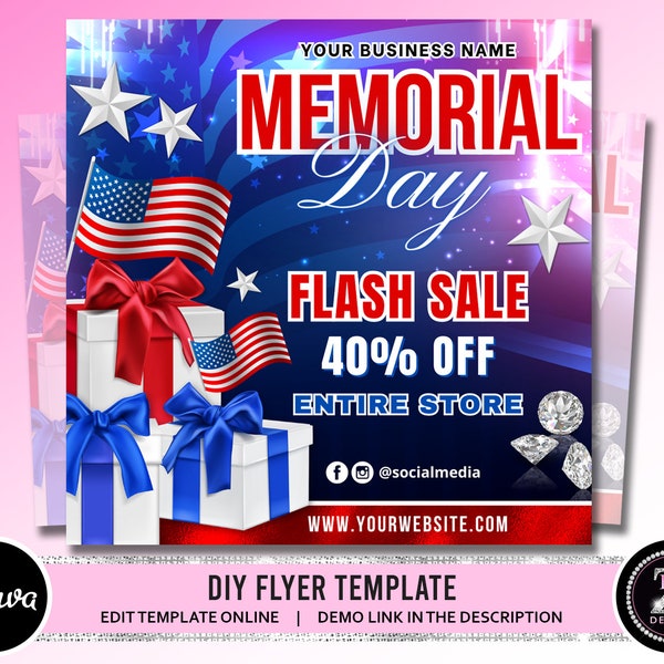 Memorial Day Flyer, Holiday Sale Flyer, Memorial Day Sale Appointment Flyer, Beauty Hair Lashes Nails Boutique Canva Template Flyer