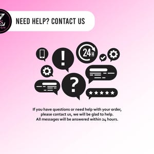 Peut inclure: Fond rose avec des ic&ocirc;nes graphiques noires et blanches, dont des bulles de dialogue, un t&eacute;l&eacute;phone et des engrenages. Le texte "NEED HELP? CONTACT US" est en haut. En dessous, le texte indique : "Si vous avez des questions ou besoin d'aide...nous serons heureux de vous aider. Tous les messages seront r&eacute;pondus dans les 24 heures."