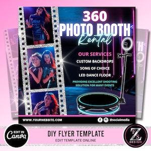 Folheto de aluguel de cabine de fotos 360, folheto de aluguel de festa DIY Instagram mídia social cílios de cabelo beleza boutique modelo canva editável