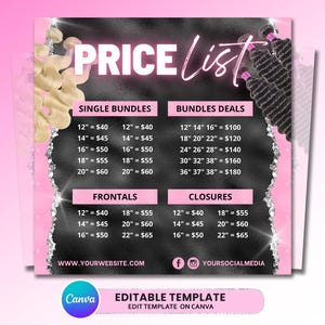Pode incluir: Um modelo de lista de preços digital com fundo preto texturizado e detalhes em rosa, exibindo categorias de extensões de cabelo, ofertas de pacotes, frontais e fechos com comprimentos em polegadas e preços em dólares.