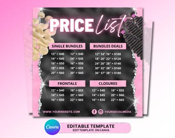 May include: A digital price list template featuring a black textured background with pink accents, displaying hair extension categories including single bundles, bundle deals, frontals, and closures with listed lengths in inches and prices in dollars.