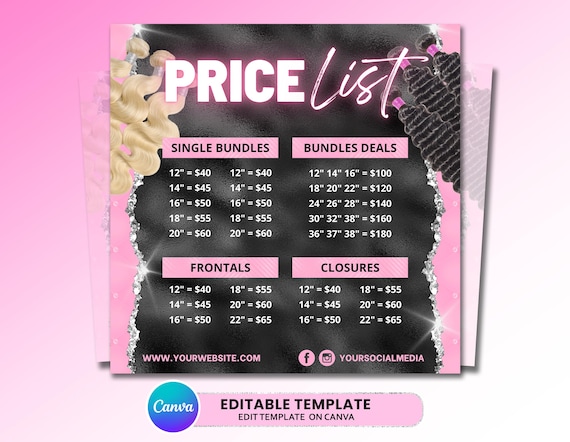 Hair Price List Flyer, DIY Wig Flyer Braids Pricing List Social Media Instagram Book Now Beauty Hair Boutique Editable Canva Template