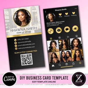 Visitenkarten Vorlage, Instagram Visitenkarte, Beauty Artist Hair Nails Boutique, Schwarz, Gold und Weiß Visitenkarte Canva Template