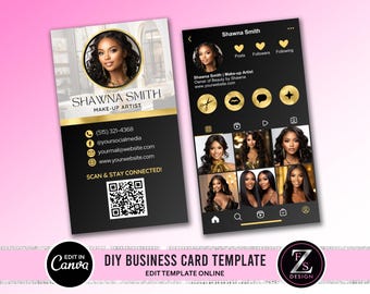 May include: A black and gold business card template for a makeup artist. The card features a photo of the artist, her name, contact information, and a QR code. The template also includes a mock-up of an Instagram profile page with a black background and gold accents.