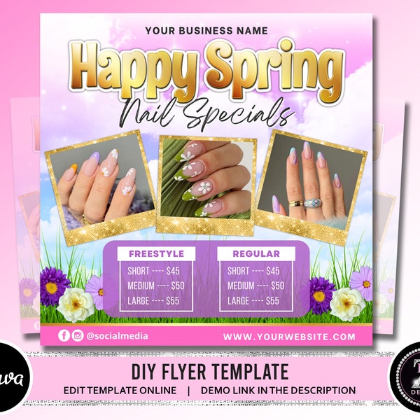 Spring Nails Specials Flyer, Nail Prices Flyer, Spring Season Flyer, Nails Booking Available Flyer Instagram Beauty Nail Stylist Template