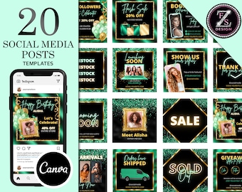 20 Social Media Flyer Templates, Hair Flyer Template, Beauty Flyer, Boutique Flyer Template, Green and Gold Flyer, Instagram Flyer Template