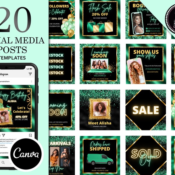 20 Social Media Flyer Templates, Hair Flyer Template, Beauty Flyer, Boutique Flyer Template, Green and Gold Flyer, Instagram Flyer Template