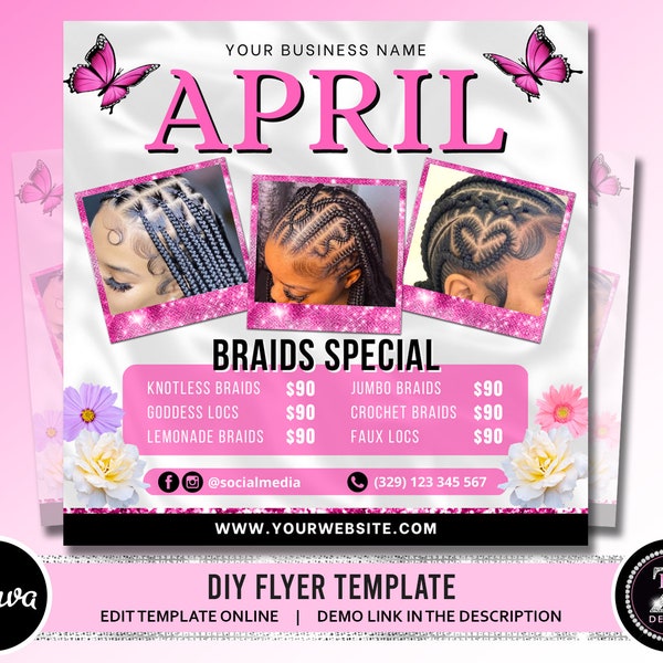 April Braid Sale Flyer, April Flyer, Braid Prices Flyer, Braids Sale Flyer, Hair Flyer, Lashes Flyer, Braids Special Flyer Template